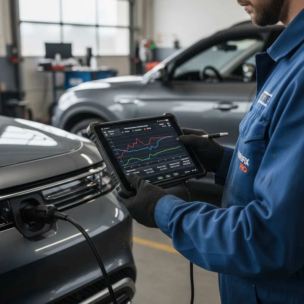 Mobile mechanic performing electronic car diagnostics