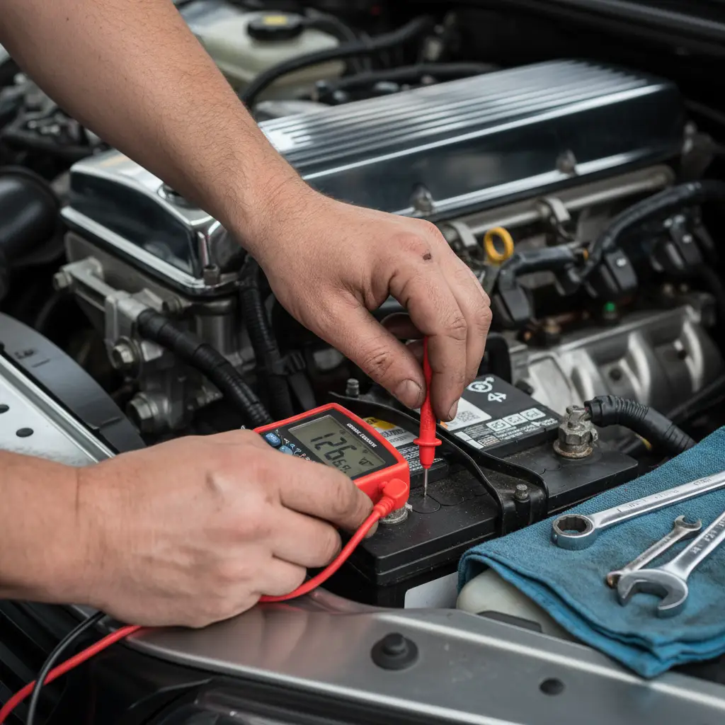 Mechanic performing a car battery health check with a digital multimeter