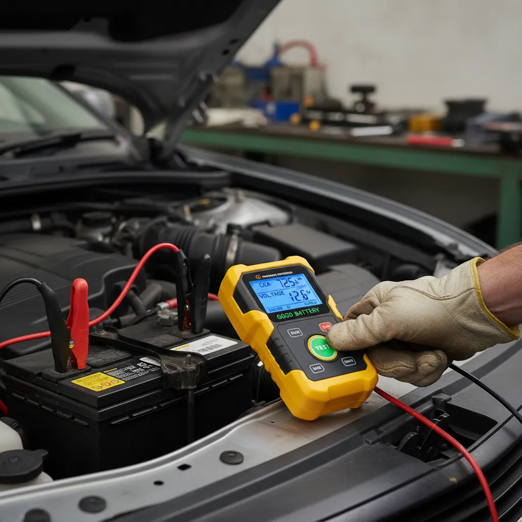 Digital battery load tester in operation