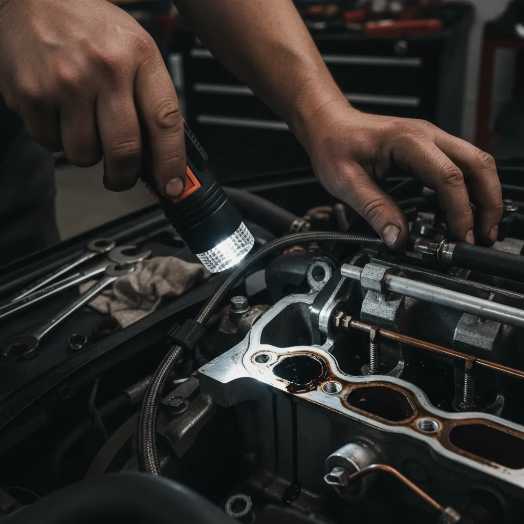 Mechanic inspecting an engine oil leak