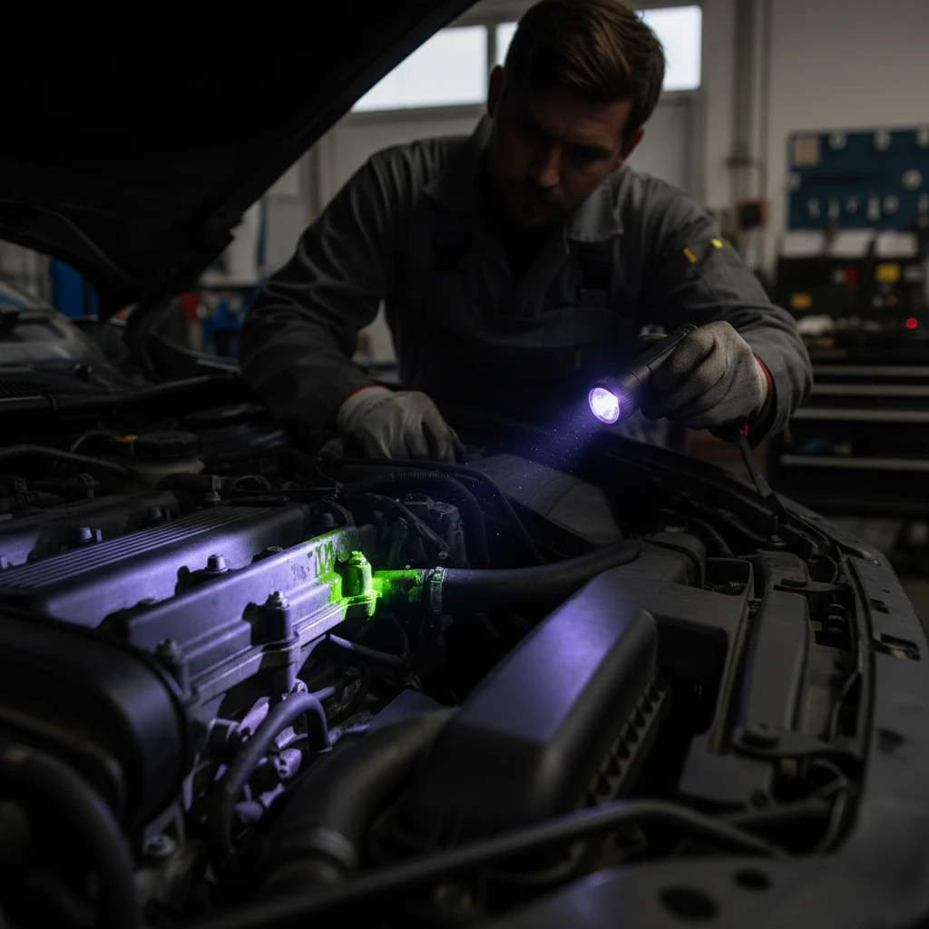 UV dye leak detection on a car engine