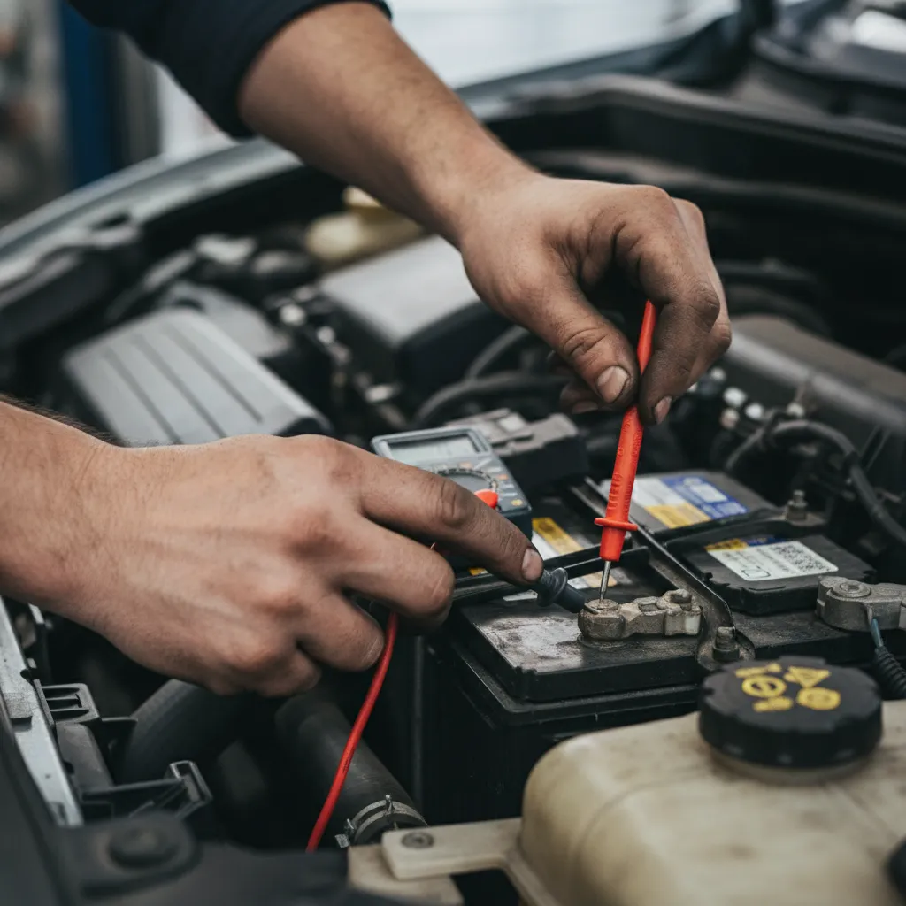 Mechanic testing car battery voltage with a multimeter