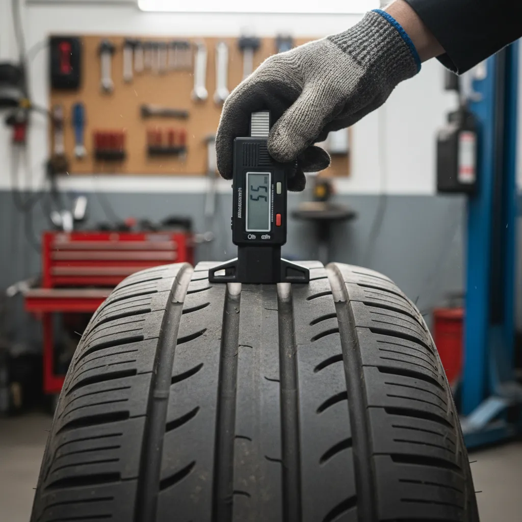 Checking tyre tread depth with a gauge