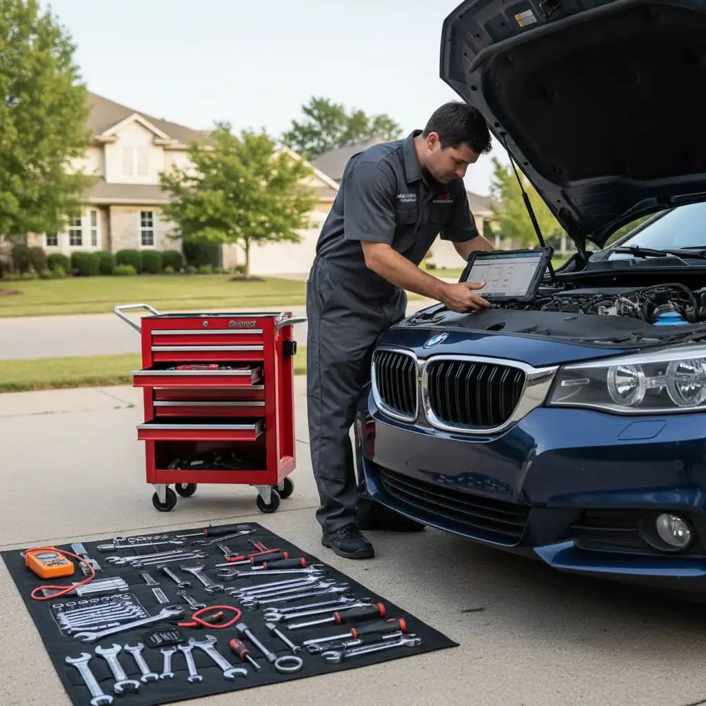 Mobile mechanic diagnosing a starter motor issue in a driveway