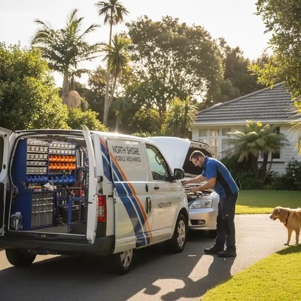 Mobile mechanic servicing a car in a North Shore driveway
