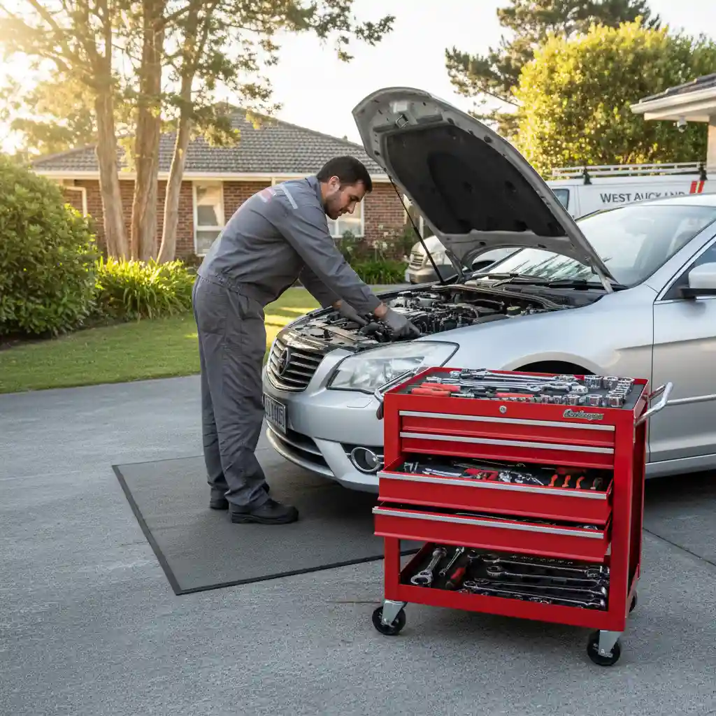 Mobile mechanic performing engine diagnostics in a West Auckland driveway