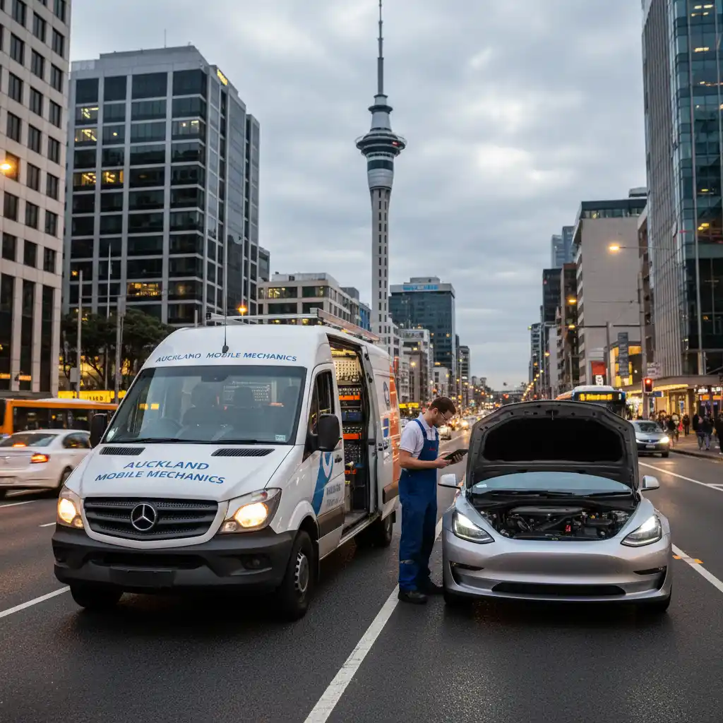 Mobile mechanic servicing a car in Auckland CBD