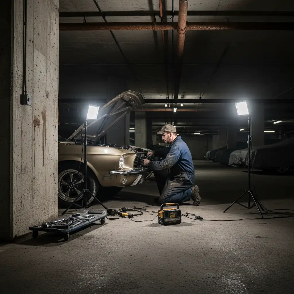 Mobile mechanic performing repairs in an underground car park