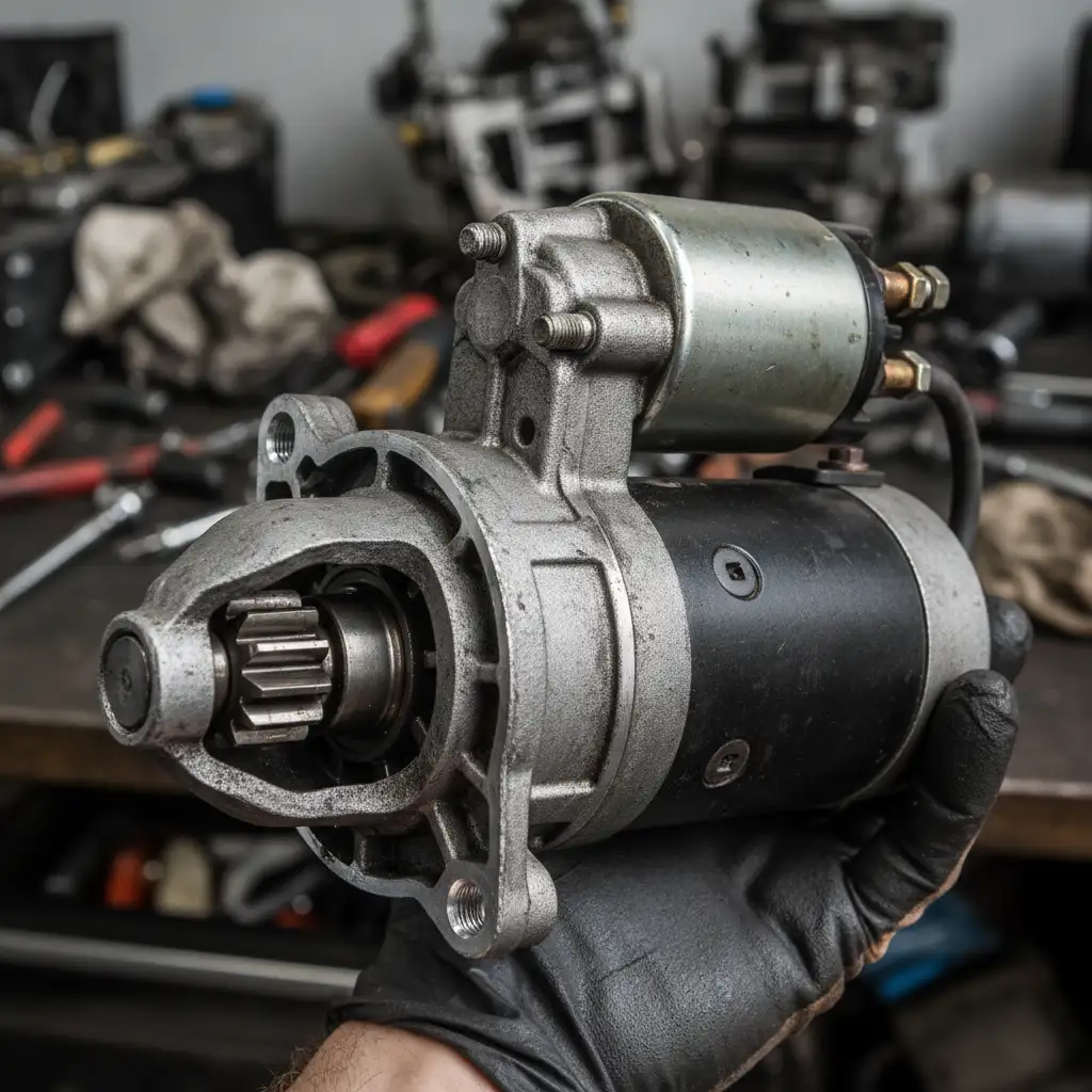 Removed starter motor showing solenoid and pinion gear