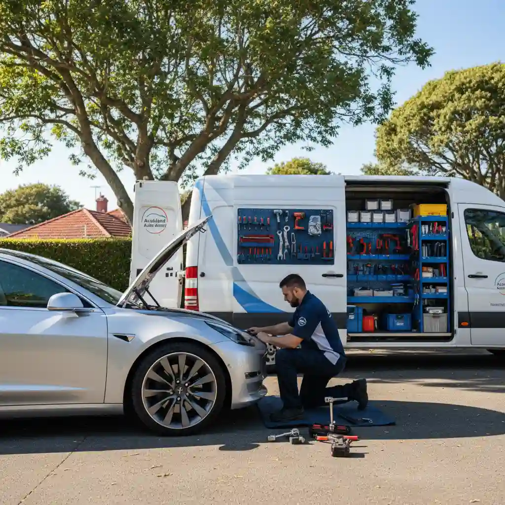 Mobile mechanic performing car repairs in an East Auckland driveway