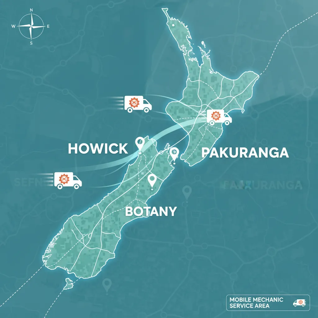 Map of East Auckland showing mobile mechanic service coverage areas