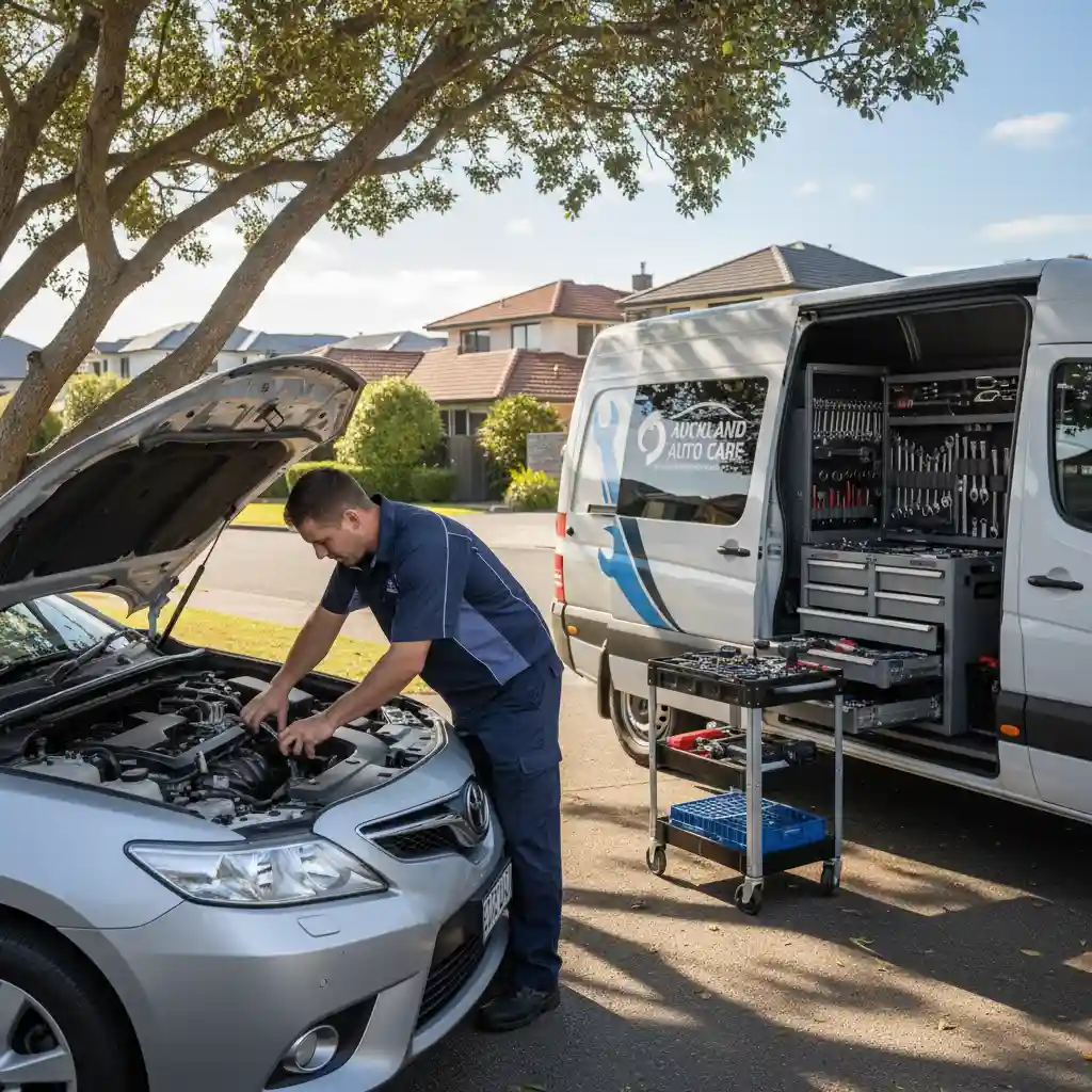 Mobile mechanic performing engine diagnostics in a South Auckland driveway