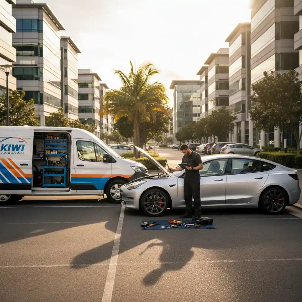 Mobile mechanic servicing a vehicle at Albany Business Park