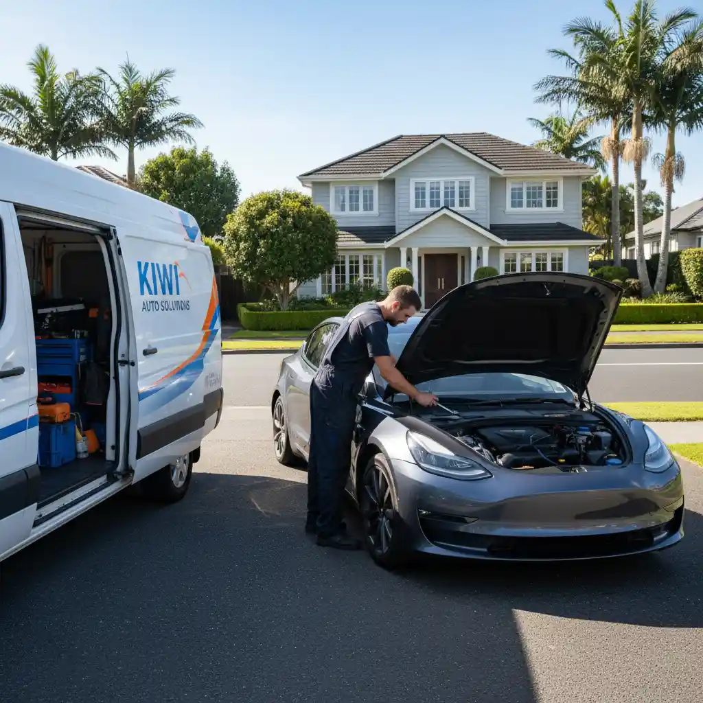 Mobile mechanic performing engine diagnostics in a Mt Wellington driveway