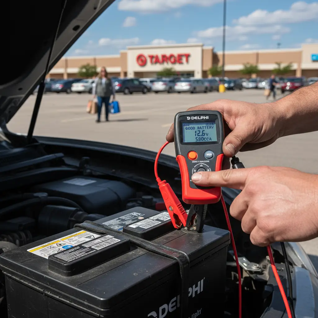 Testing car battery voltage near shops in Mt Wellington