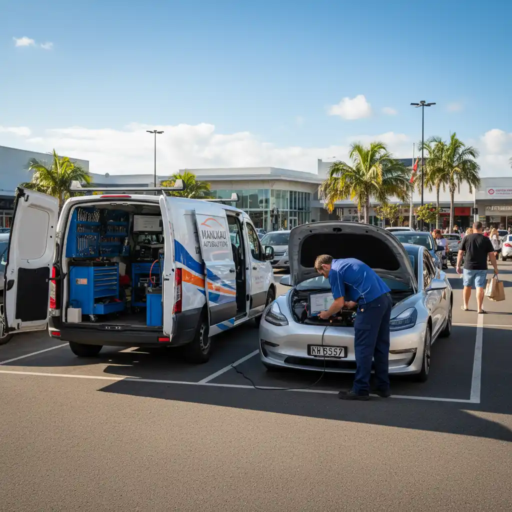 Mobile mechanic servicing a car at Manukau City Centre