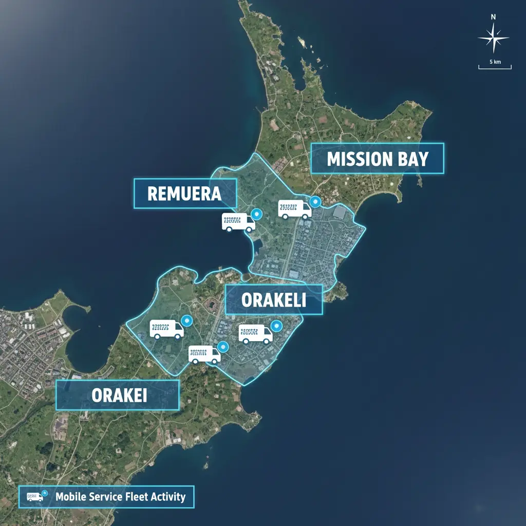 Service area map for mobile mechanics in Auckland Eastern Suburbs