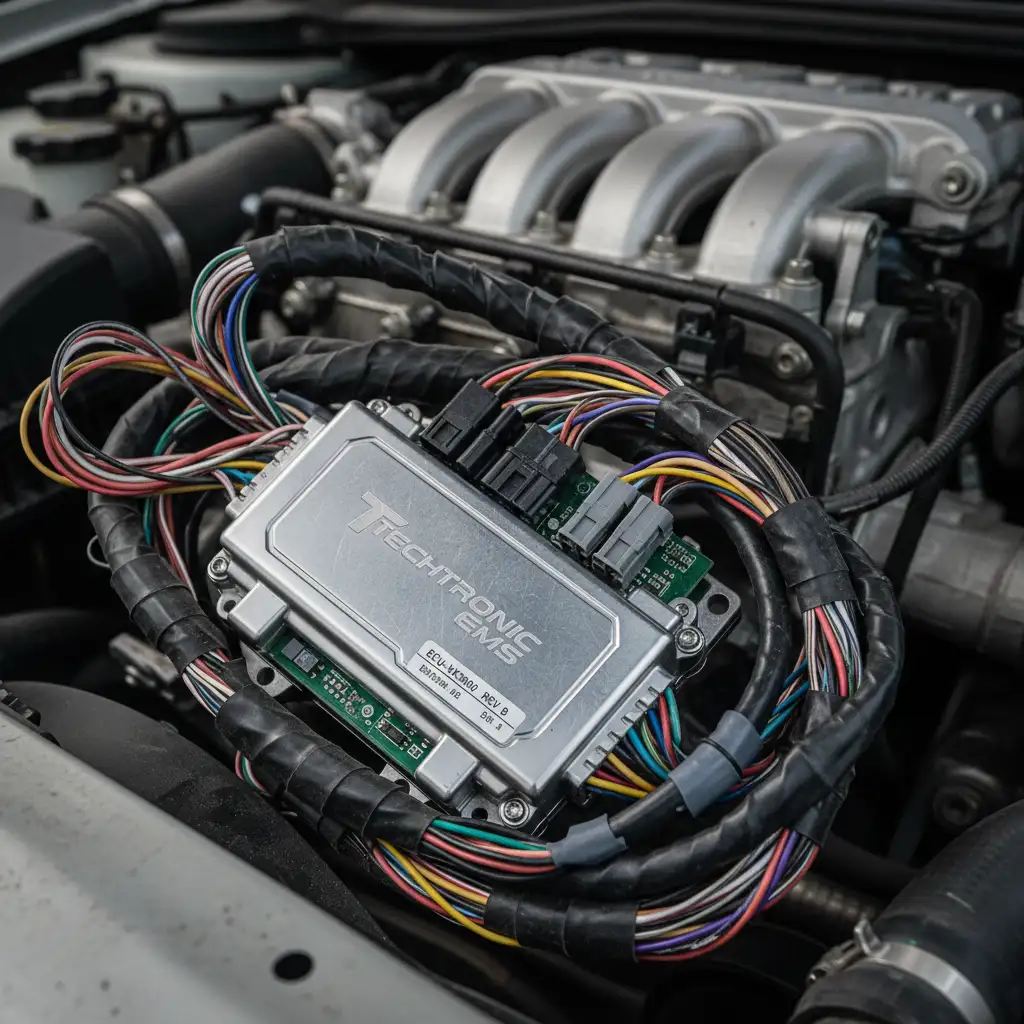 Close-up of a modern Engine Control Unit (ECU) with wiring