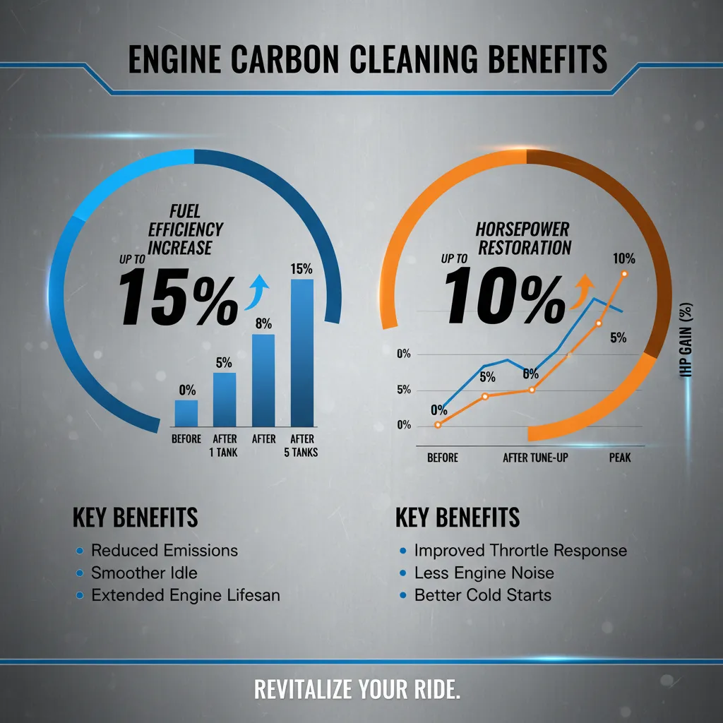 Infographic illustrating fuel efficiency and horsepower gains after engine carbon cleaning.