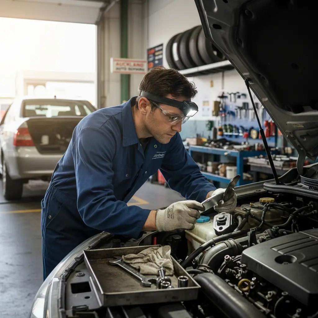 Mechanic inspecting worn engine mounts