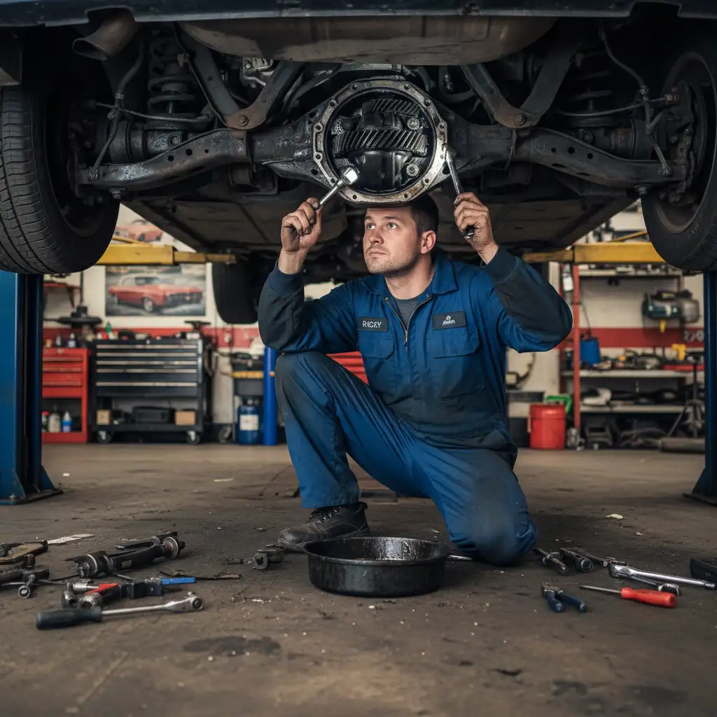 Mechanic inspecting a vehicle's drivetrain and clutch