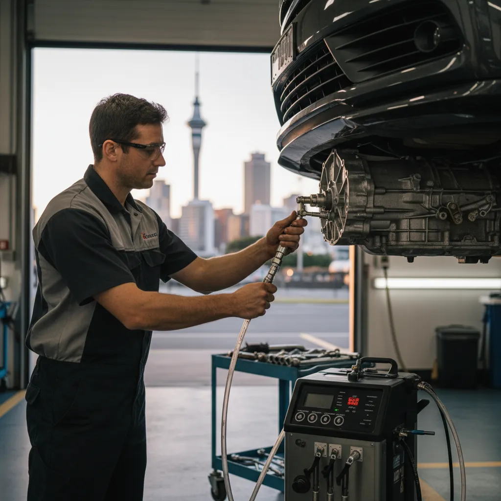 Mechanic performing an automatic transmission fluid flush in Auckland
