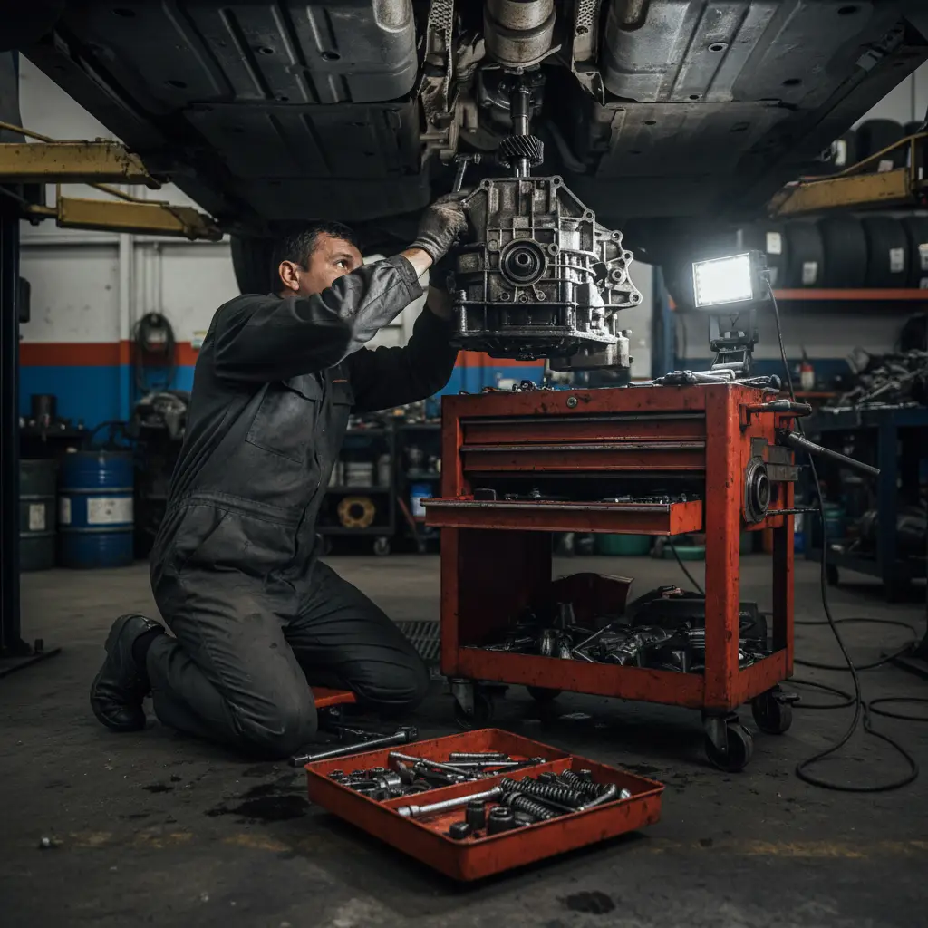 Mechanic inspecting a manual transmission