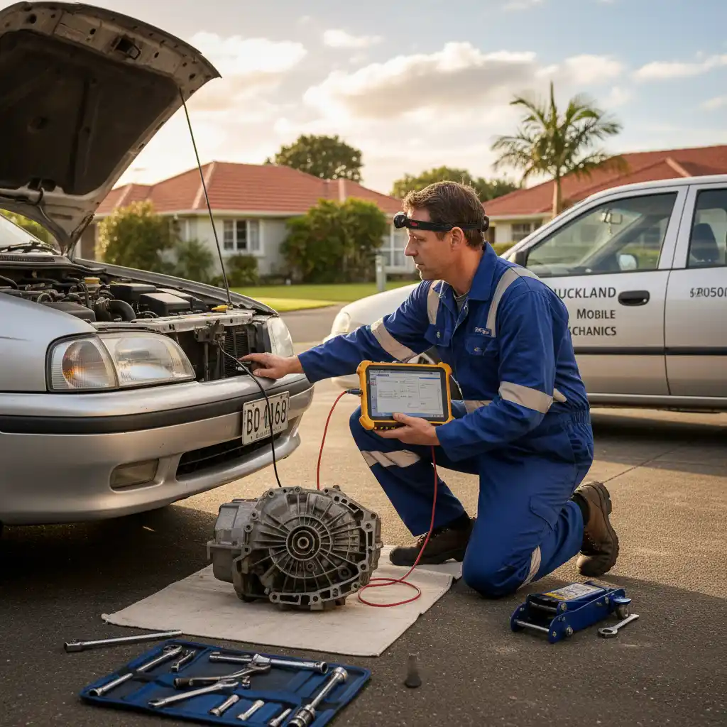 Mobile mechanic performing on-site transmission diagnosis
