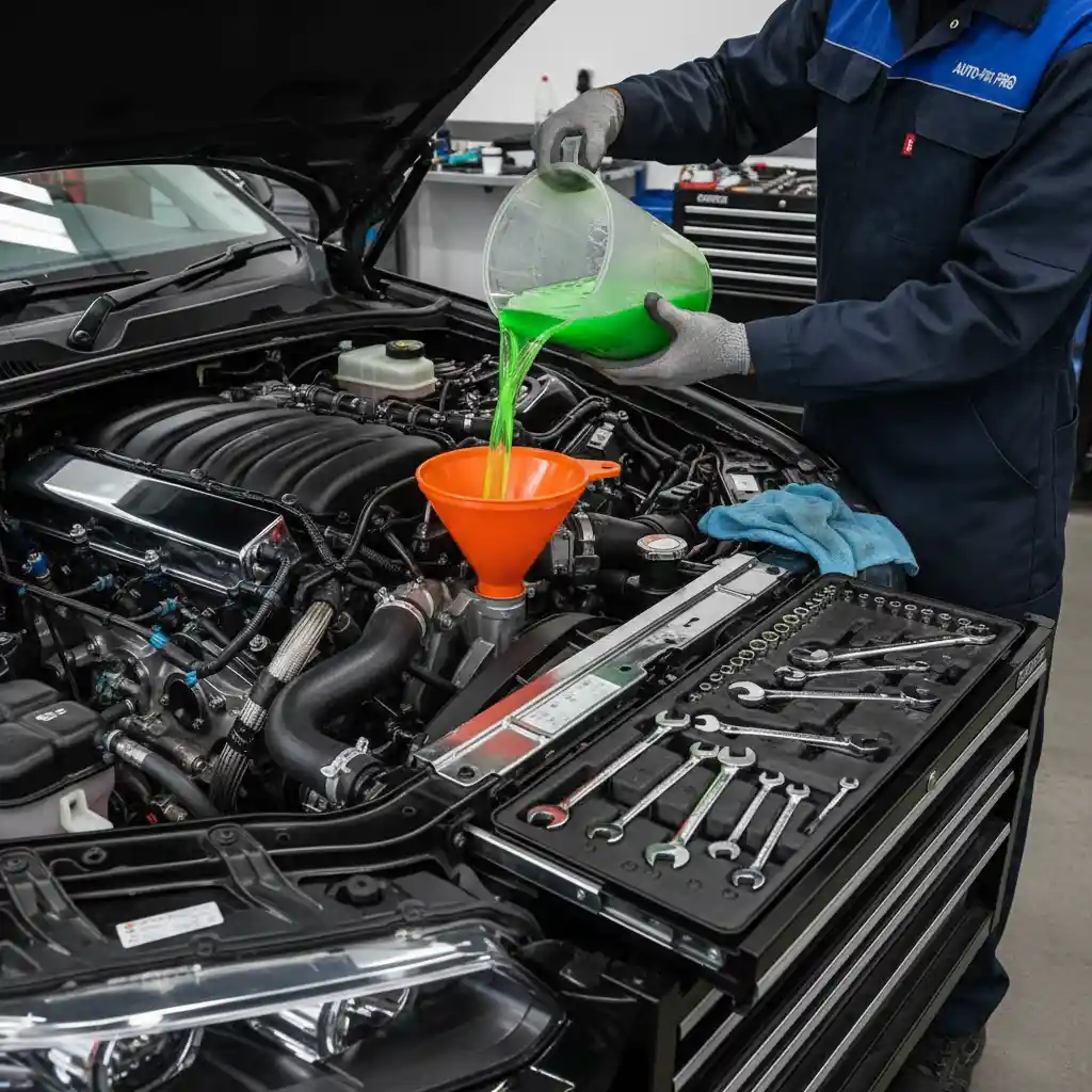 Mechanic performing a coolant top-up and radiator flush
