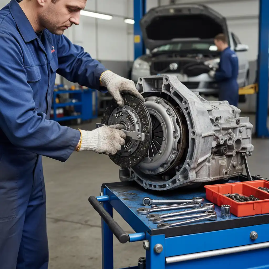 Mechanic installing a new clutch assembly