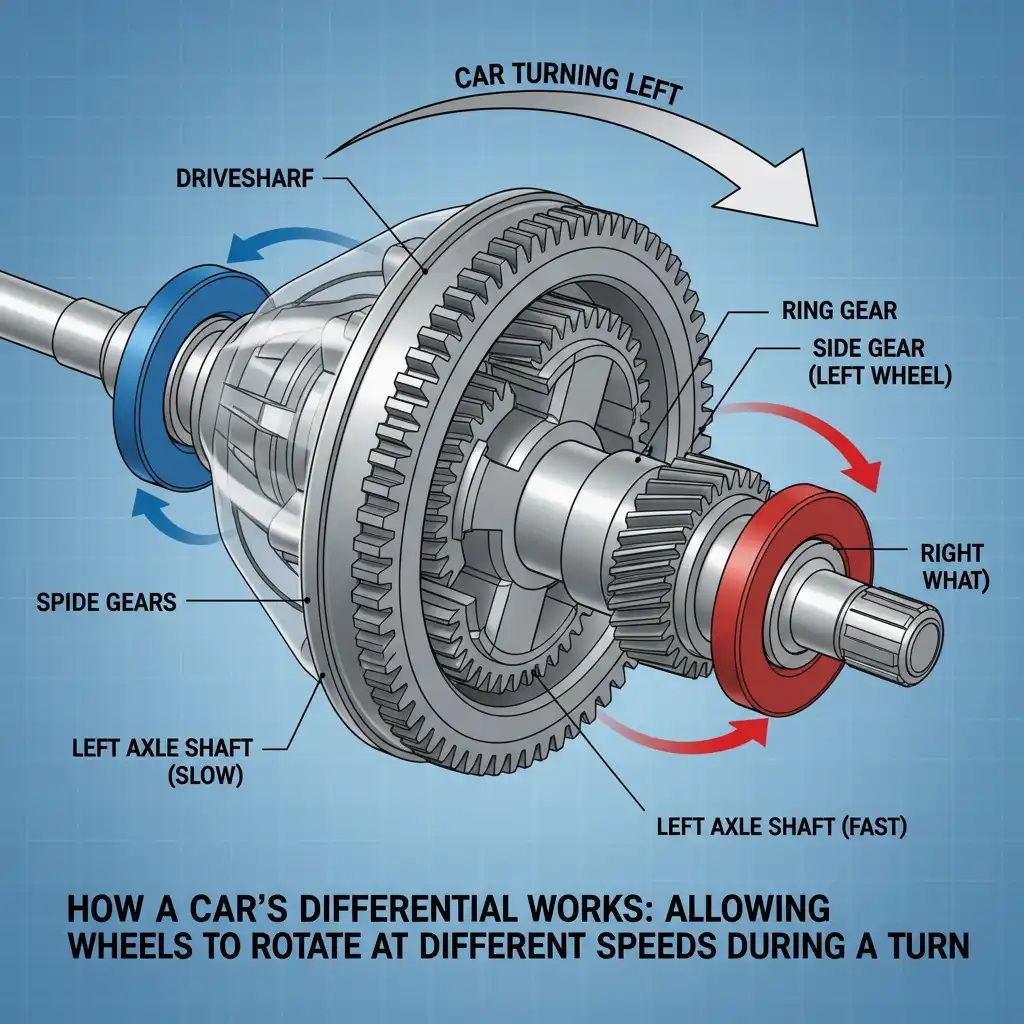 Diagram showing how a car differential allows wheels to turn at different speeds