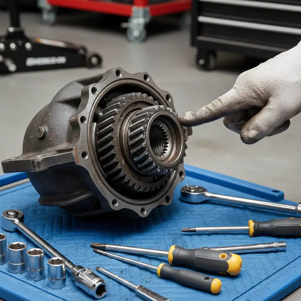 Mobile mechanic inspecting worn differential gears and bearings