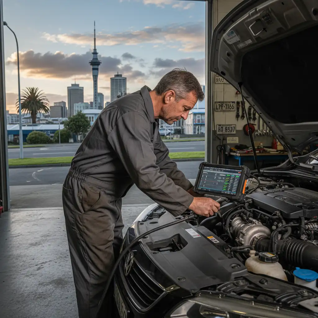 Mechanic diagnosing engine knock in Auckland
