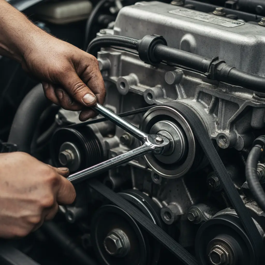 Mechanic inspecting belt tensioner