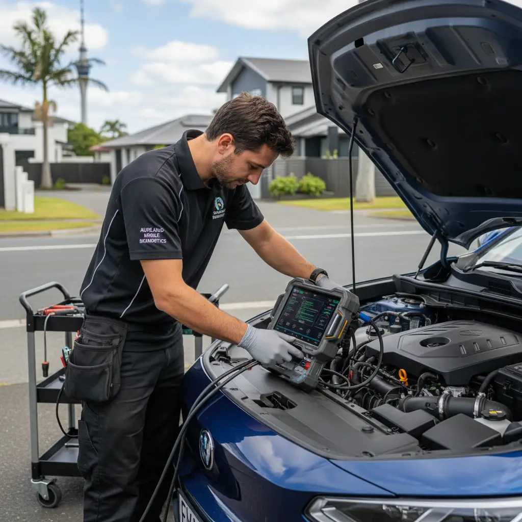Mobile mechanic using OBD2 scanner for misfire diagnosis
