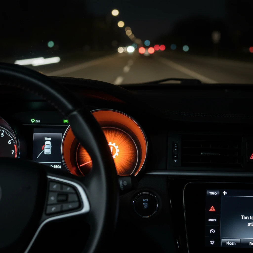 Transmission warning light illuminated on a car dashboard