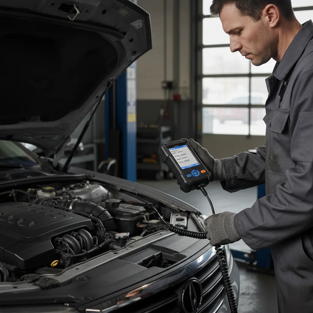 Mobile mechanic performing an OBD-II diagnostic scan on a car's transmission system