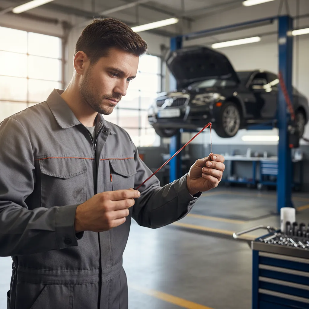 Mechanic performing routine transmission fluid check