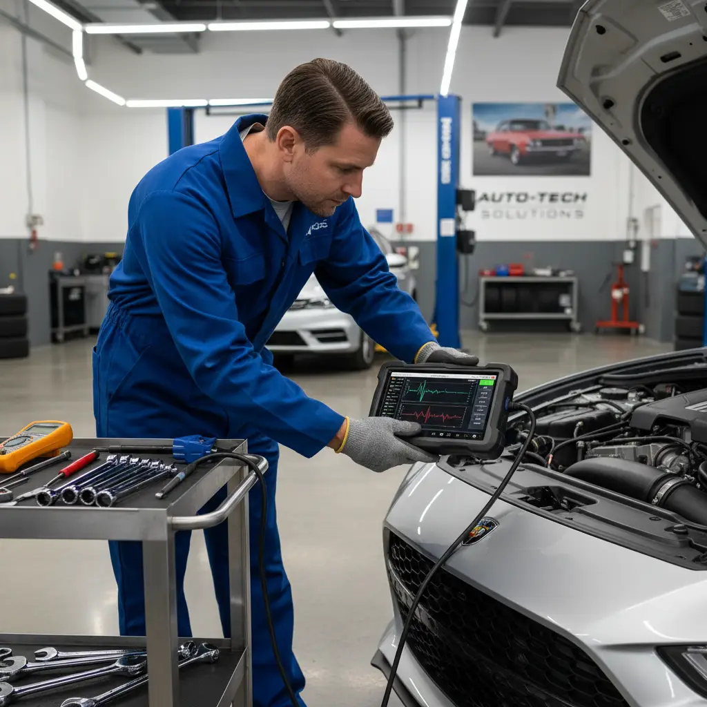 Automotive technician performing advanced electrical diagnostics on a vehicle in Auckland