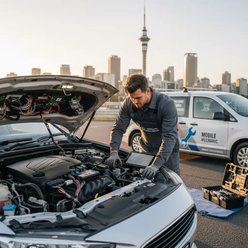 Mobile mechanic diagnosing complex automotive electronics in Auckland