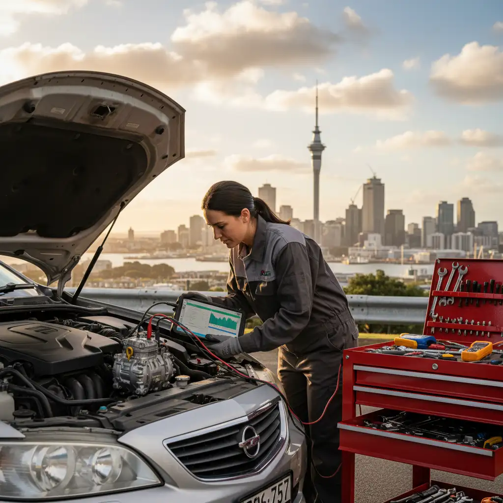 Mobile mechanic inspecting car AC compressor in Auckland