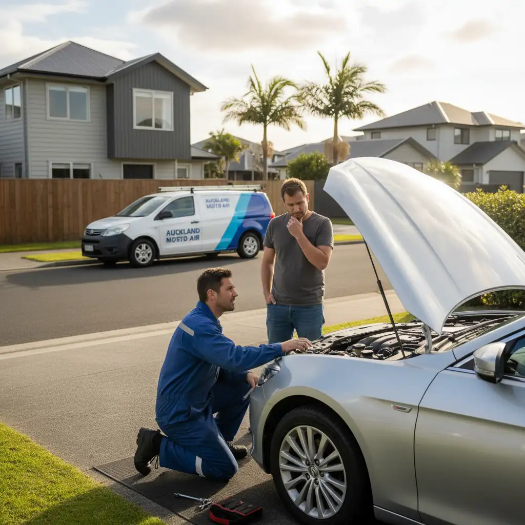 Customer speaking with mobile mechanic about car AC repair