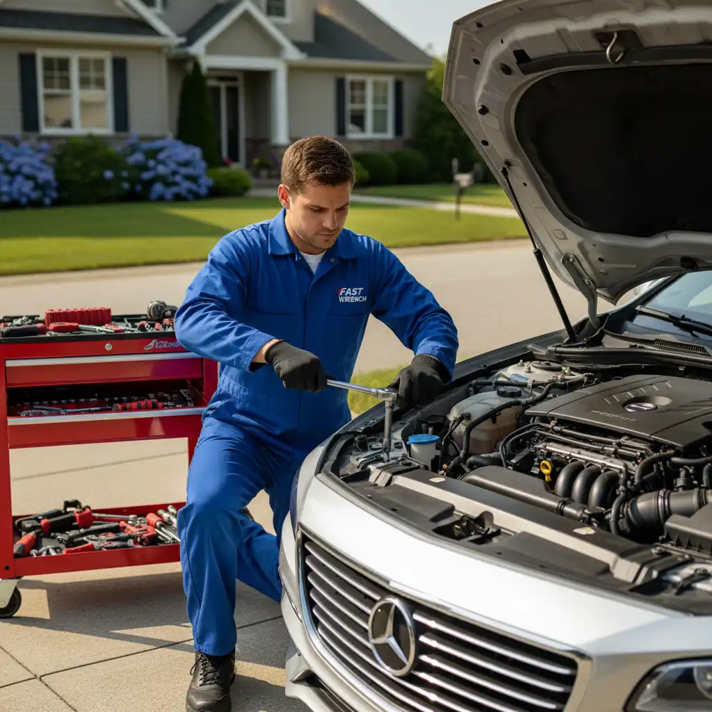 Mobile mechanic performing spark plug replacement in a driveway