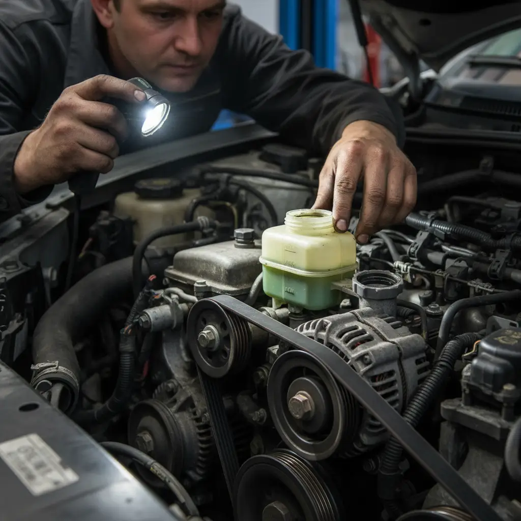 Mechanic checking a power steering pump in a car engine