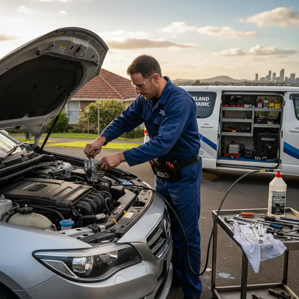 Mobile mechanic replacing a power steering pump on a car