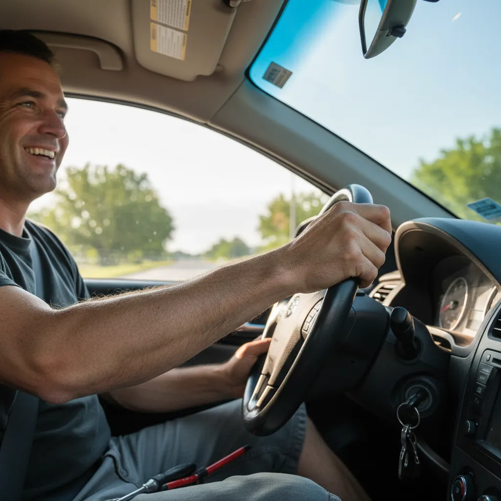 Driver easily turning steering wheel after power steering repair