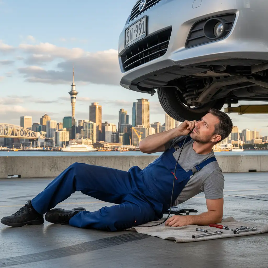 Auckland mechanic inspecting car suspension for noise