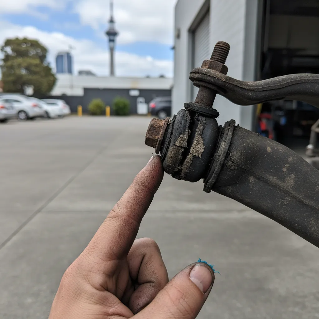 Mechanic pointing out worn suspension bush