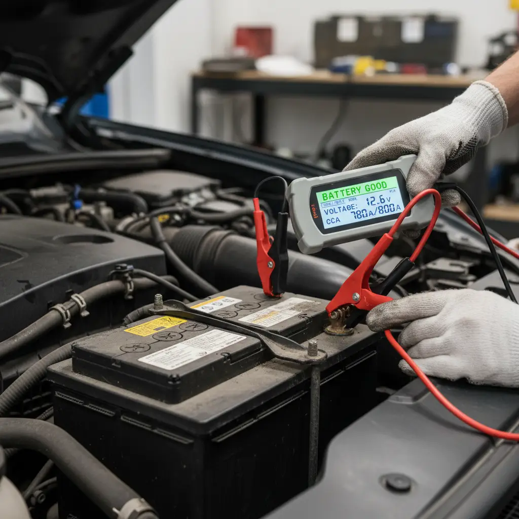 Car battery being tested by a professional mechanic