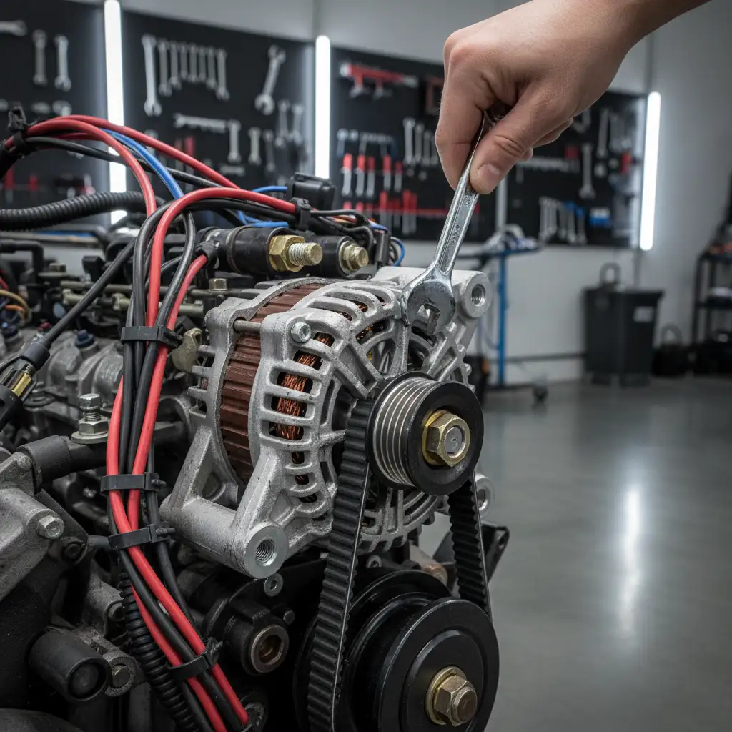 Mechanic inspecting a car alternator